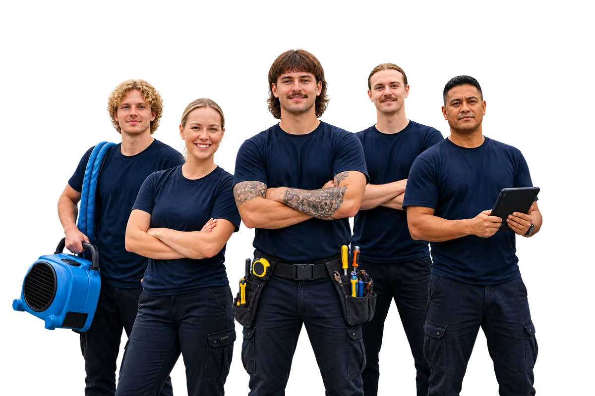 Five facilities and restoration workers in navy uniforms standing together with an air mover, tool belt and tablet.