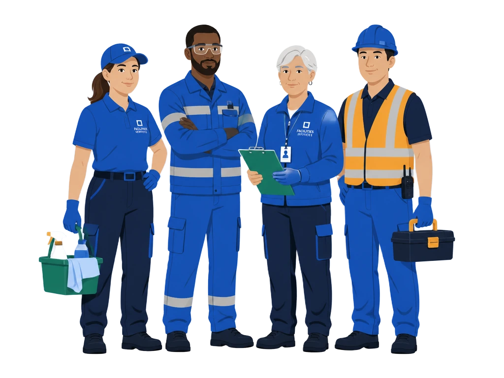 Four facilities workers of different ages standing together in workwear and PPE, holding a cleaning caddy, clipboard and tool box.