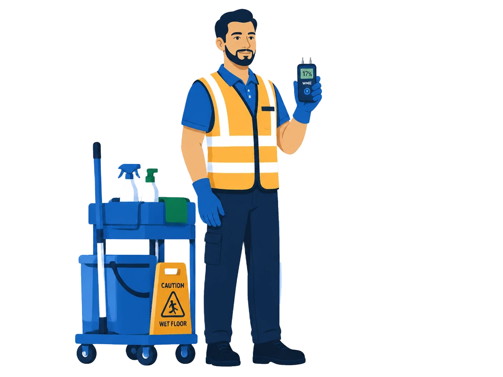 A worker in a hi-vis vest and gloves standing beside a cleaning trolley, holding a moisture meter, with building shapes behind.
