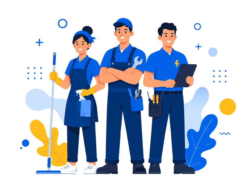 Three facilities workers in blue workwear — a cleaner with a mop and spray bottle, a maintenance tech with a wrench, and a coordinator holding a tablet