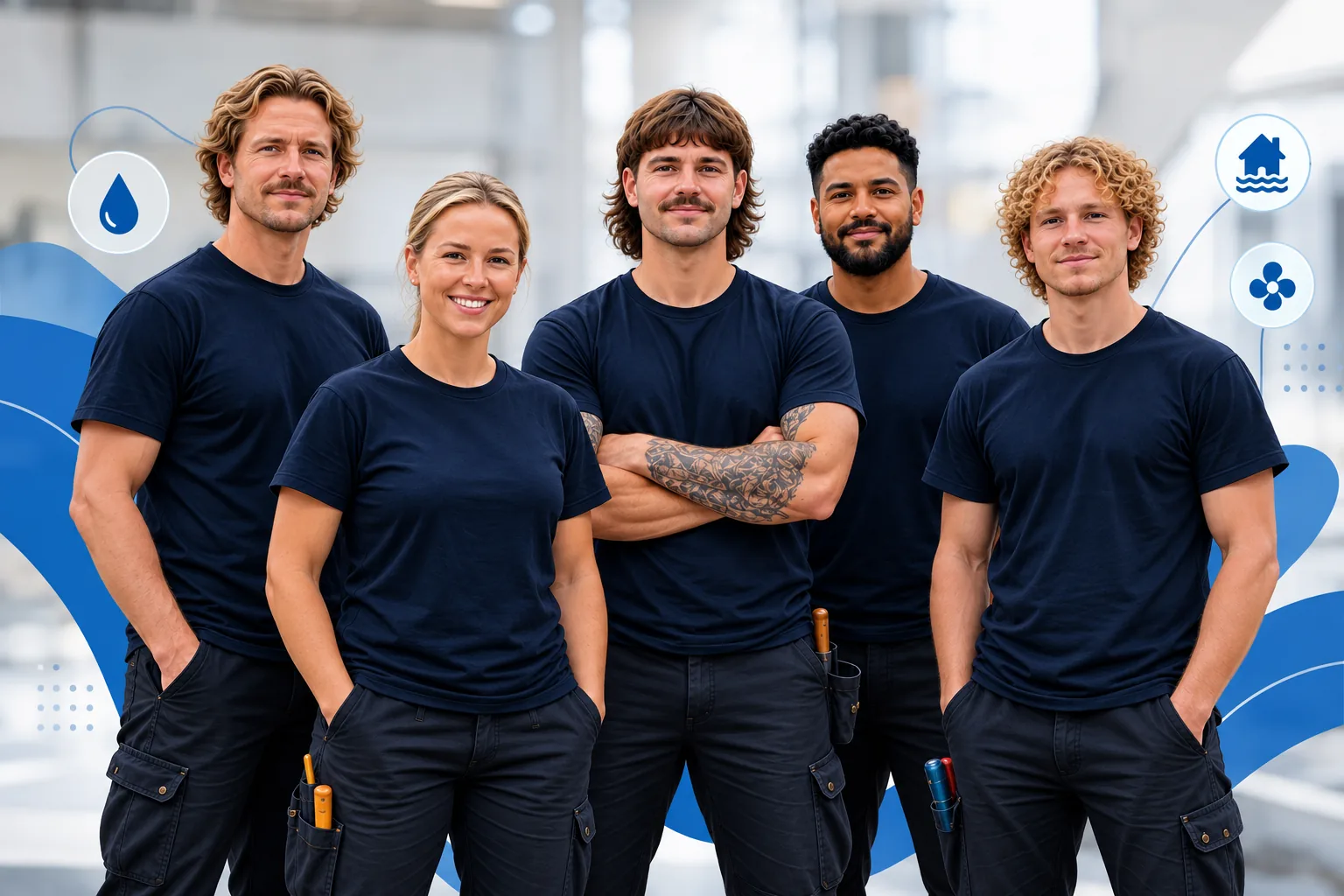 A team of five facilities and restoration workers in navy work shirts standing together on site.